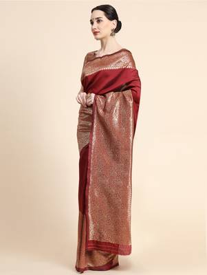 maroon silk blend banarasi saree with unstitched blouse piece 2