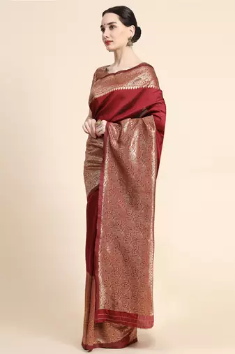 maroon silk blend banarasi saree with unstitched blouse piece