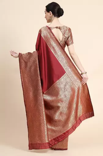 maroon silk blend banarasi saree with unstitched blouse piece