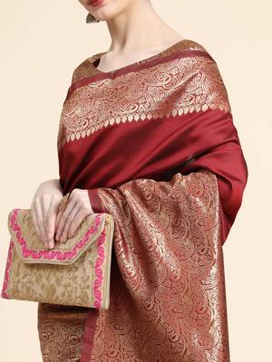 maroon silk blend banarasi saree with unstitched blouse piece 4