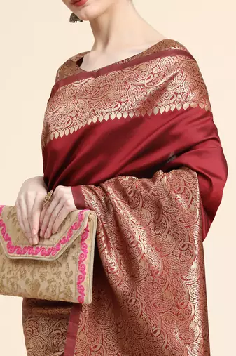 maroon silk blend banarasi saree with unstitched blouse piece