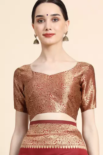 maroon silk blend banarasi saree with unstitched blouse piece