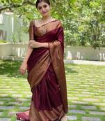 maroon soft art silk banarasi jacuard work designer party wear saree with unstitched blouse piece
