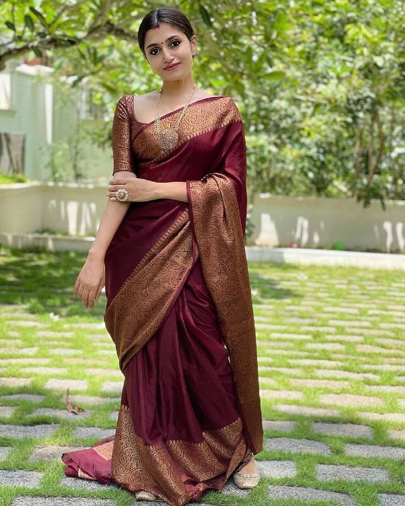 maroon soft art silk banarasi jacuard work designer party wear saree with unstitched blouse piece