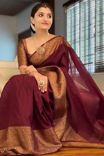 maroon soft art silk banarasi jacuard work designer party wear saree with unstitched blouse piece