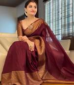 maroon soft art silk banarasi jacuard work designer party wear saree with unstitched blouse piece