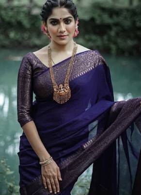 blue silk blend banarasi saree with unstitched blouse piece 1