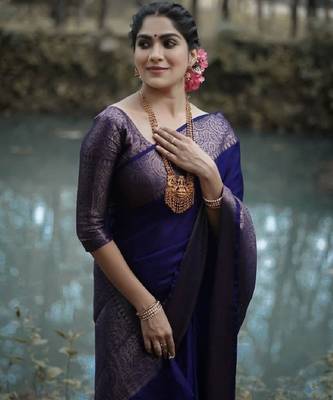 blue silk blend banarasi saree with unstitched blouse piece 2