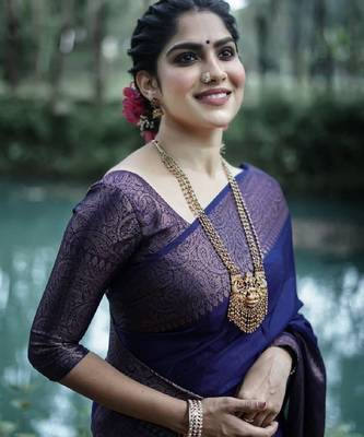 blue silk blend banarasi saree with unstitched blouse piece 5