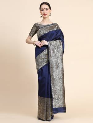 blue silk blend banarasi saree with unstitched blouse piece 1