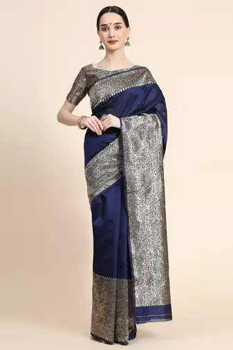 blue soft art silk banarasi jacuard work designer party wear saree with unstitched blouse piece