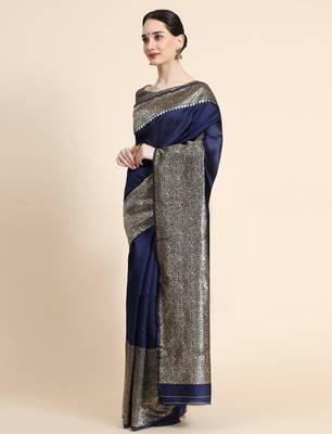 blue silk blend banarasi saree with unstitched blouse piece 2