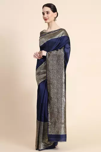 blue silk blend banarasi saree with unstitched blouse piece