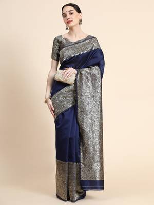 blue silk blend banarasi saree with unstitched blouse piece 3