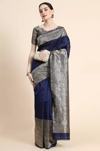 blue silk blend banarasi saree with unstitched blouse piece