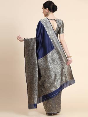 blue silk blend banarasi saree with unstitched blouse piece 4
