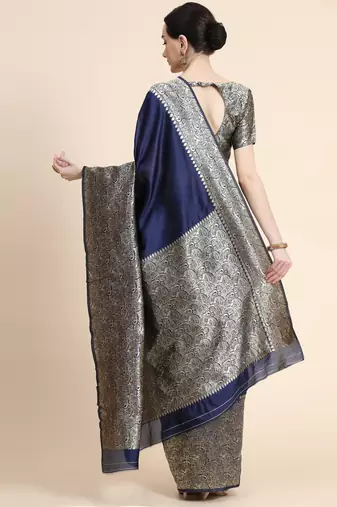blue silk blend banarasi saree with unstitched blouse piece