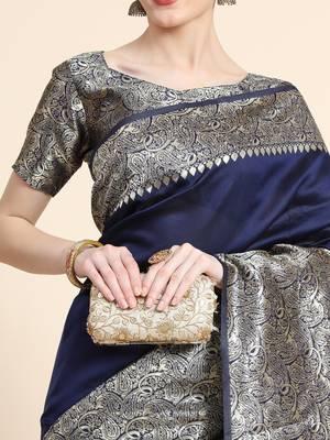 blue silk blend banarasi saree with unstitched blouse piece 5