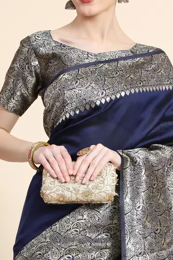 blue silk blend banarasi saree with unstitched blouse piece