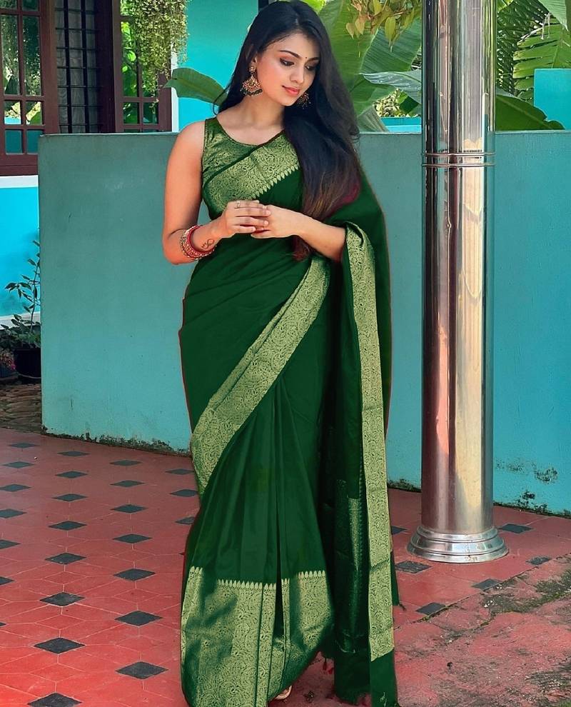 green soft art silk banarasi jacuard work designer party wear saree with unstitched blouse piece