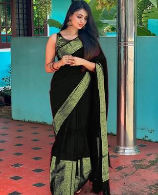 black silk blend banarasi saree with unstitched blouse piece 1