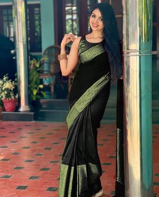 black silk blend banarasi saree with unstitched blouse piece 2