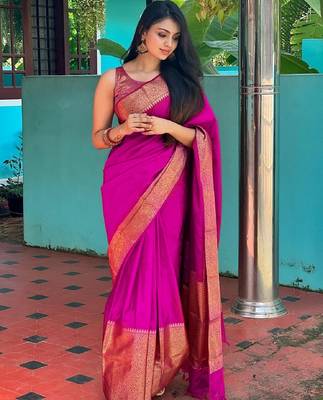 pink silk blend banarasi saree with unstitched blouse piece 1