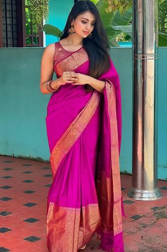 pink soft art silk banarasi jacuard work designer party wear saree with unstitched blouse piece