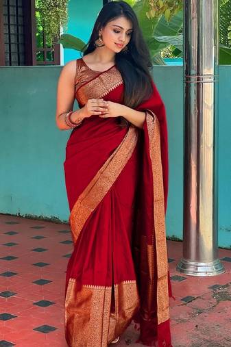 red soft art silk banarasi jacuard work designer party wear saree with unstitched blouse piece
