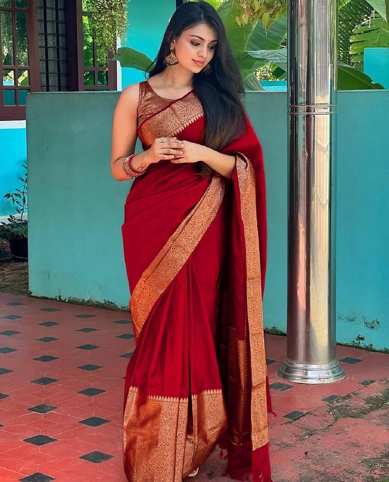 red soft art silk banarasi jacuard work designer party wear saree with unstitched blouse piece