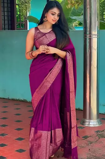 wine  soft art silk banarasi jacuard work designer party wear saree with unstitched blouse piece