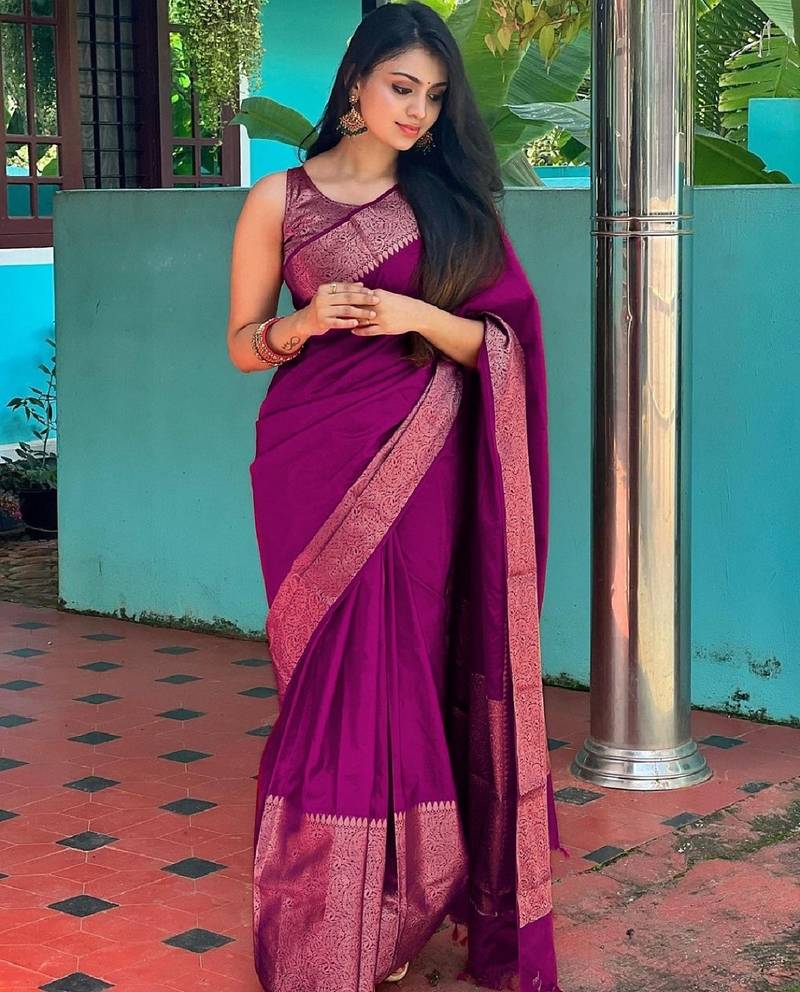 wine  soft art silk banarasi jacuard work designer party wear saree with unstitched blouse piece