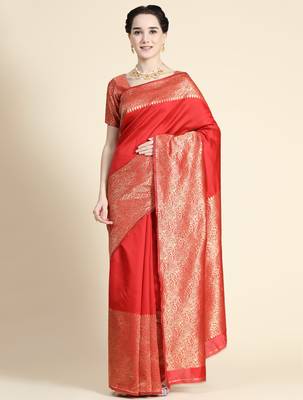 red silk blend banarasi saree with unstitched blouse piece 1