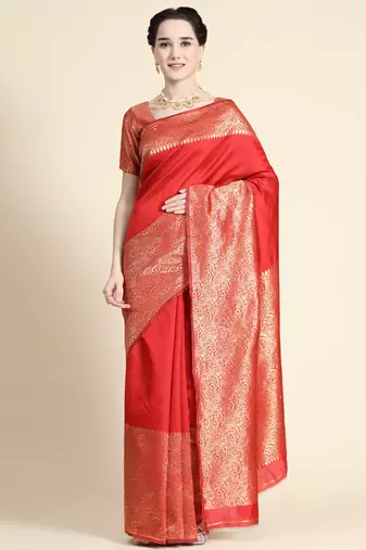 red  soft art silk banarasi jacuard work designer party wear saree with unstitched blouse piece