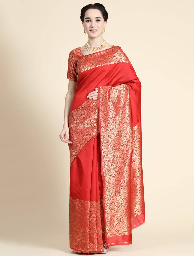 red  soft art silk banarasi jacuard work designer party wear saree with unstitched blouse piece