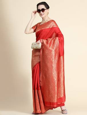 red silk blend banarasi saree with unstitched blouse piece 2
