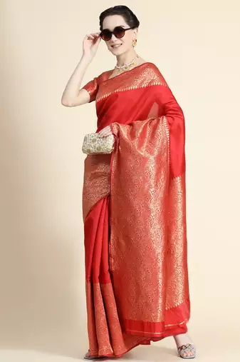 red silk blend banarasi saree with unstitched blouse piece