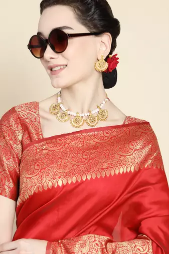 red silk blend banarasi saree with unstitched blouse piece