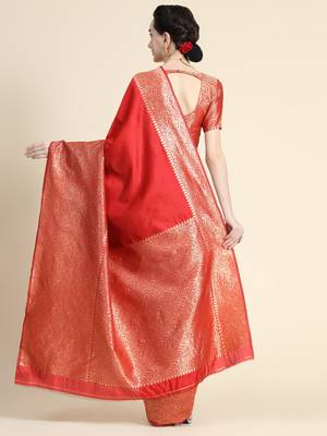red silk blend banarasi saree with unstitched blouse piece 4