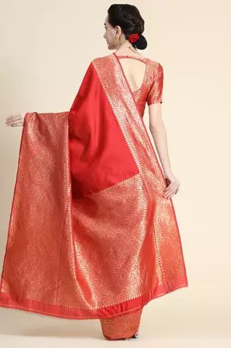 red silk blend banarasi saree with unstitched blouse piece