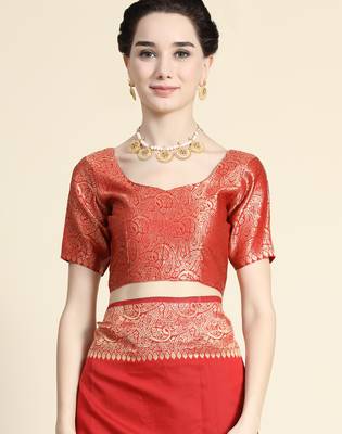 red silk blend banarasi saree with unstitched blouse piece 5