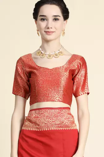 red silk blend banarasi saree with unstitched blouse piece