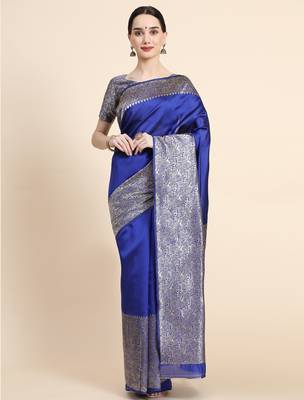 royal blue silk blend banarasi saree with unstitched blouse piece 1