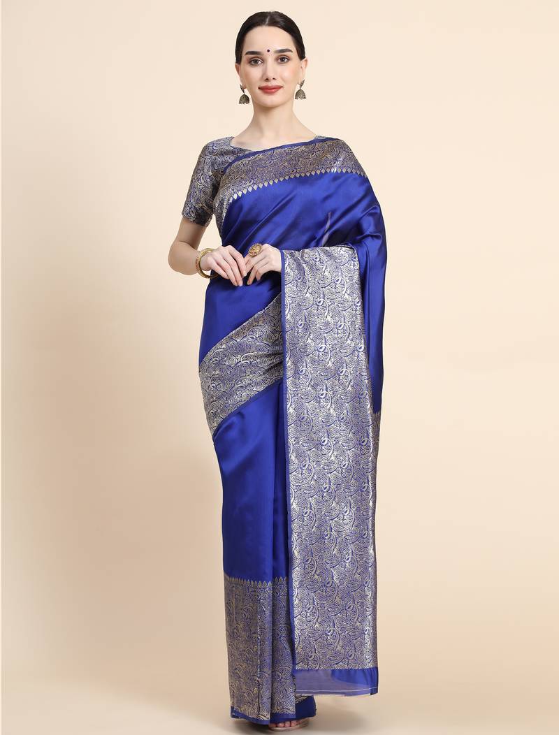 royal blue  soft art silk banarasi jacuard work designer party wear saree with unstitched blouse piece