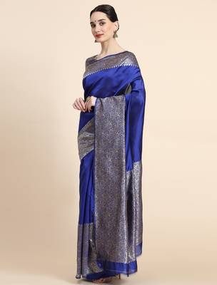 royal blue silk blend banarasi saree with unstitched blouse piece 2
