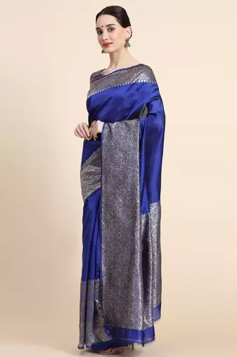 royal blue silk blend banarasi saree with unstitched blouse piece