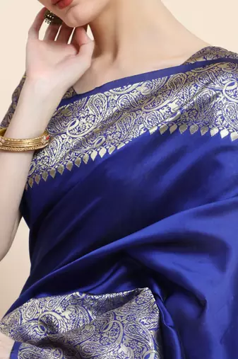 royal blue silk blend banarasi saree with unstitched blouse piece