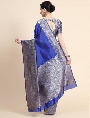 royal blue silk blend banarasi saree with unstitched blouse piece 4