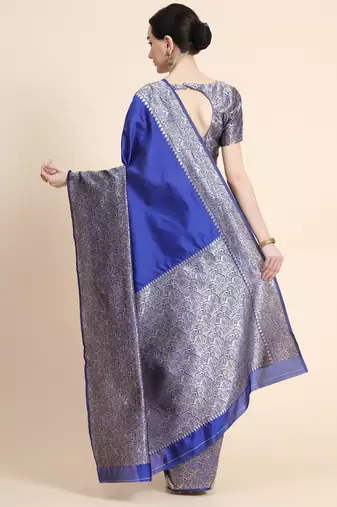 royal blue silk blend banarasi saree with unstitched blouse piece