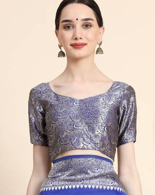 royal blue silk blend banarasi saree with unstitched blouse piece 5